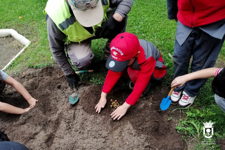 Unidad de Medioambiente y Colegio Quillón realizaron trabajo de hermoseamiento de la plaza cívica