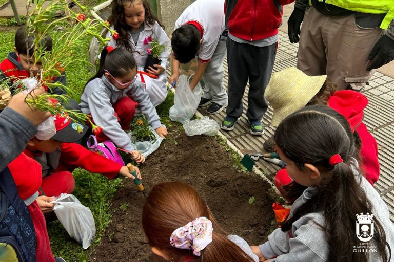 Unidad de Medioambiente y Colegio Quillón realizaron trabajo de hermoseamiento de la plaza cívica